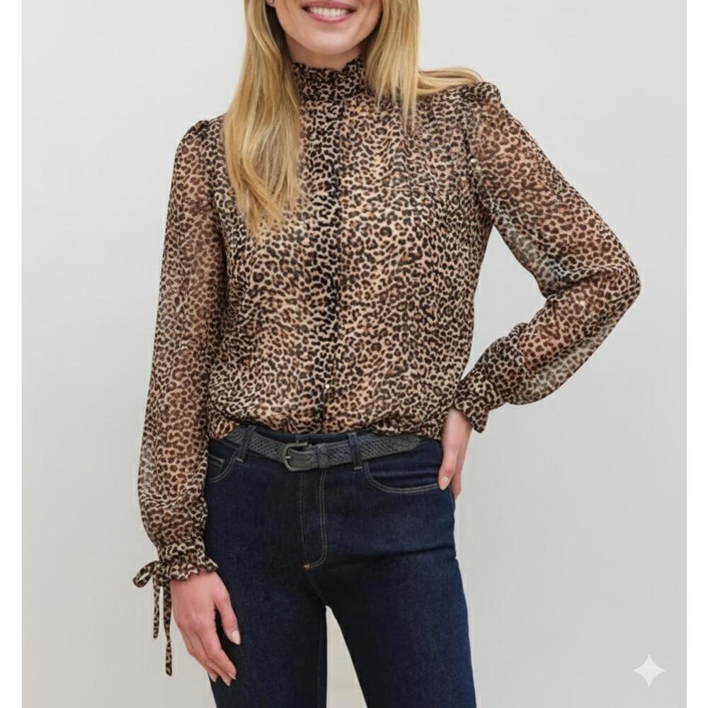 NEON BLONDE Women's Blouse Chic Leopard Print Blouse Long Sleeve Tie Cuff Size M
